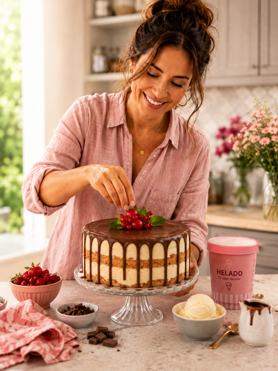 Mujer preparando un postre con helado en casa