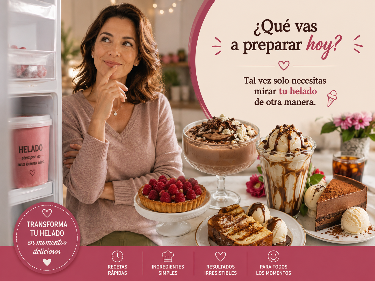 Pote de helado rodeado de ingredientes y postres