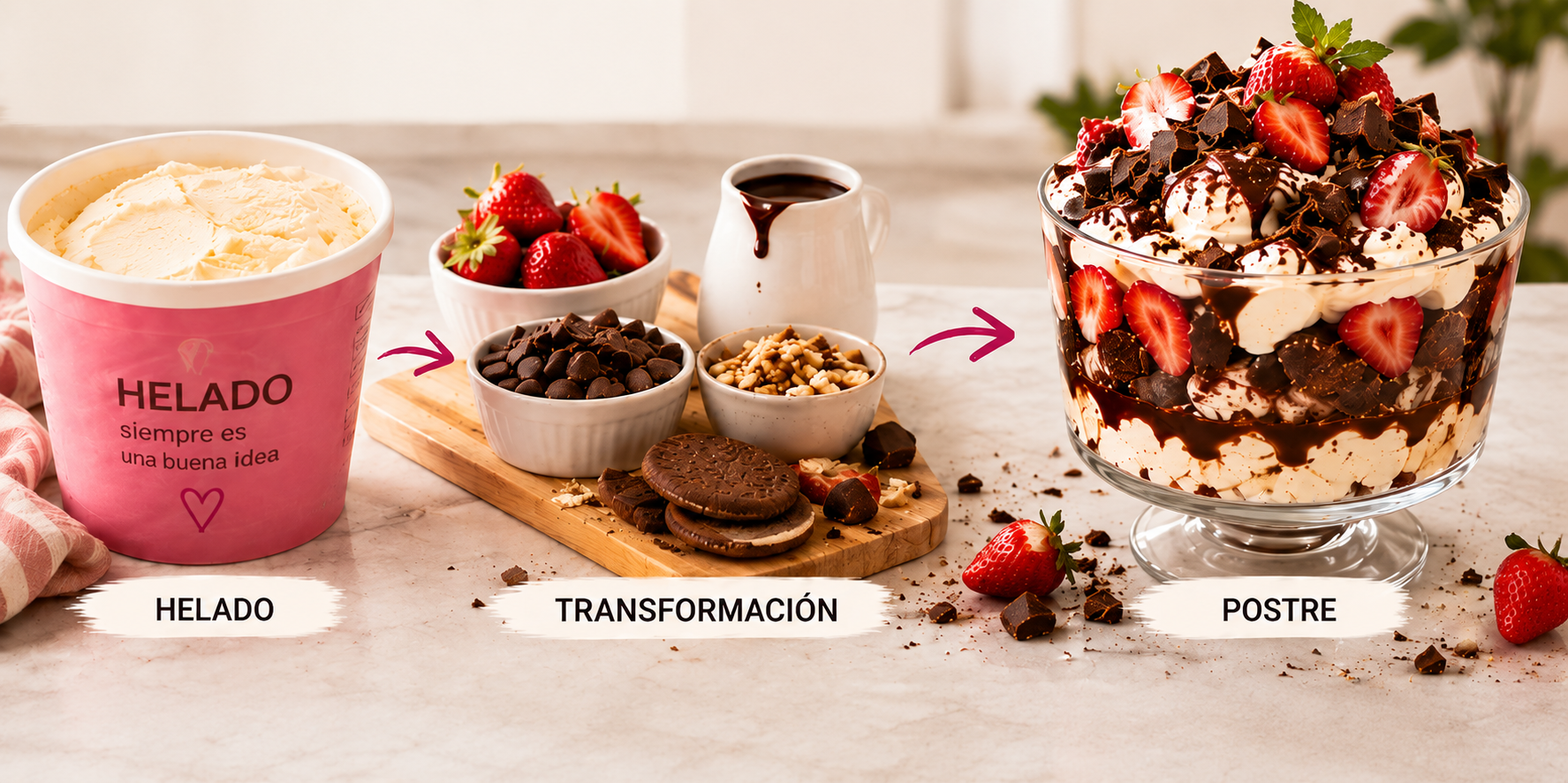 Composición con el pote de helado y varios postres alrededor