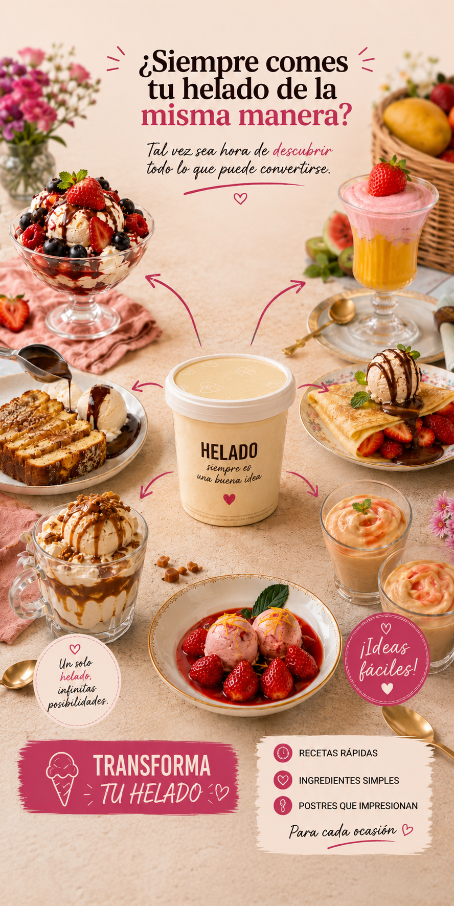 Composición de postres preparados con helado
